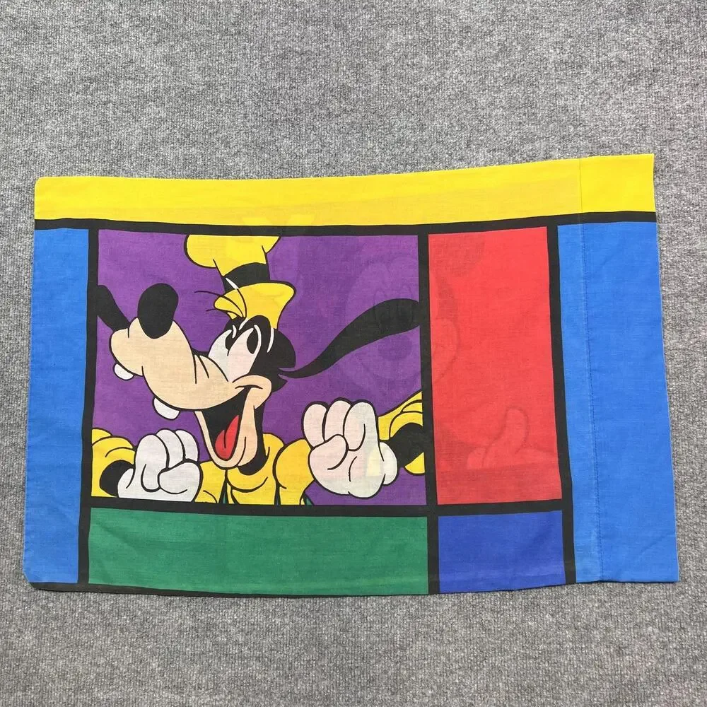 Vintage Disney Pillowcase Mickey Mouse Goofy Pop Art Cotton Made in USA Standard